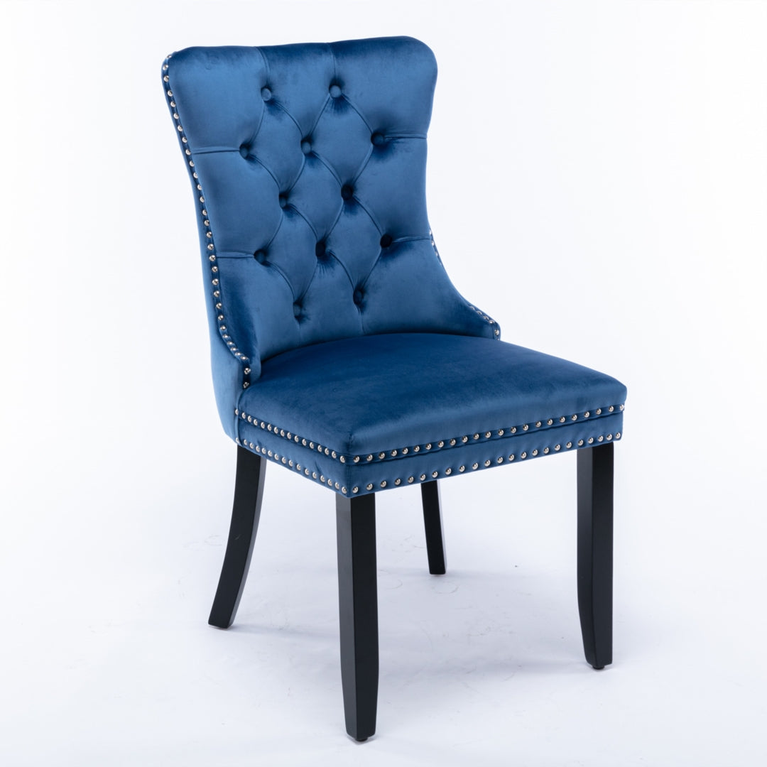 2x Velvet Dining Chairs Upholstered Tufted Kithcen Chair with Solid Wood Legs Stud Trim and Ring-Blue - VogueDecor.au