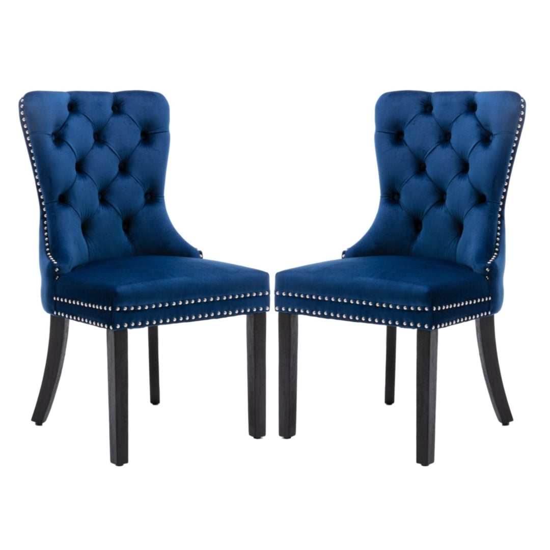 2x Velvet Dining Chairs Upholstered Tufted Kithcen Chair with Solid Wood Legs Stud Trim and Ring-Blue - VogueDecor.au