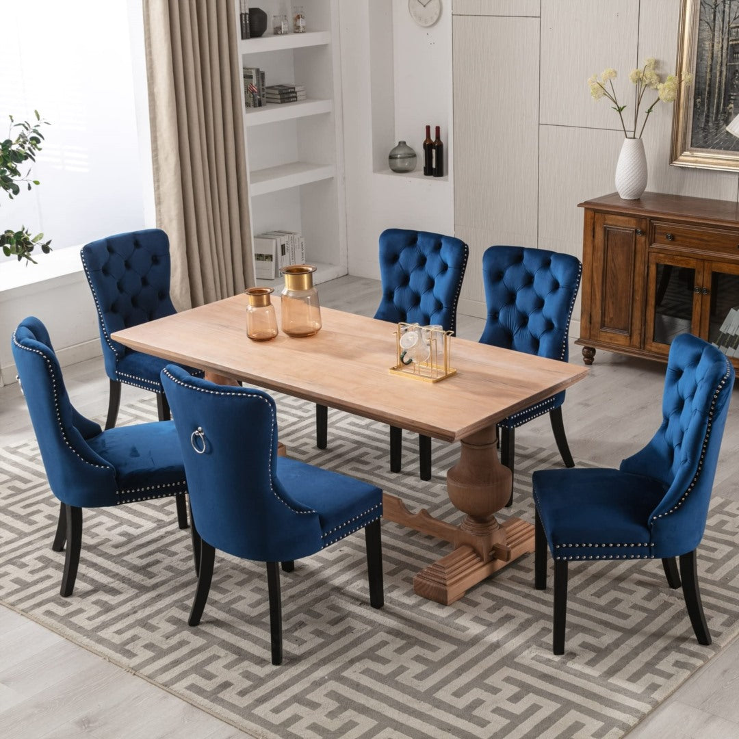 2x Velvet Dining Chairs Upholstered Tufted Kithcen Chair with Solid Wood Legs Stud Trim and Ring-Blue - VogueDecor.au
