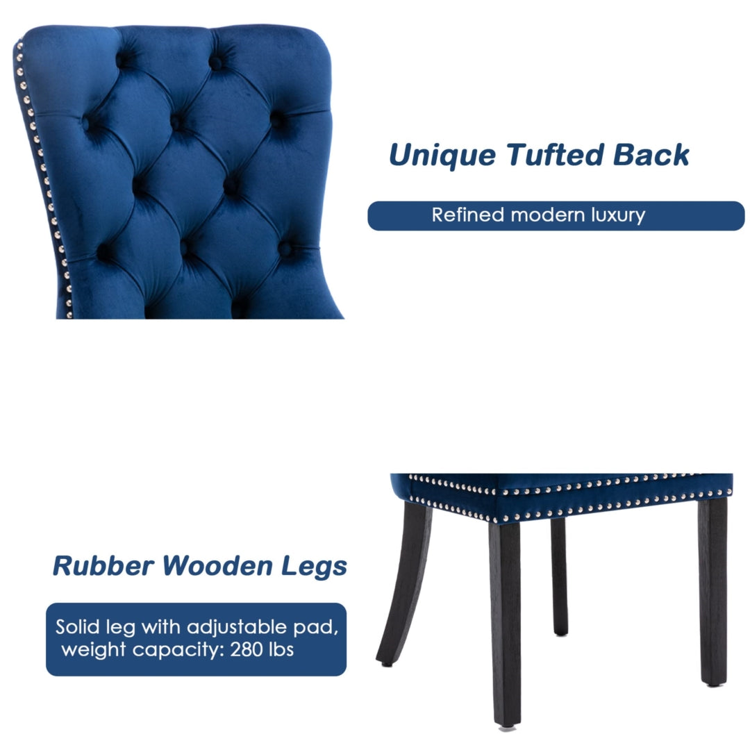 2x Velvet Dining Chairs Upholstered Tufted Kithcen Chair with Solid Wood Legs Stud Trim and Ring-Blue - VogueDecor.au