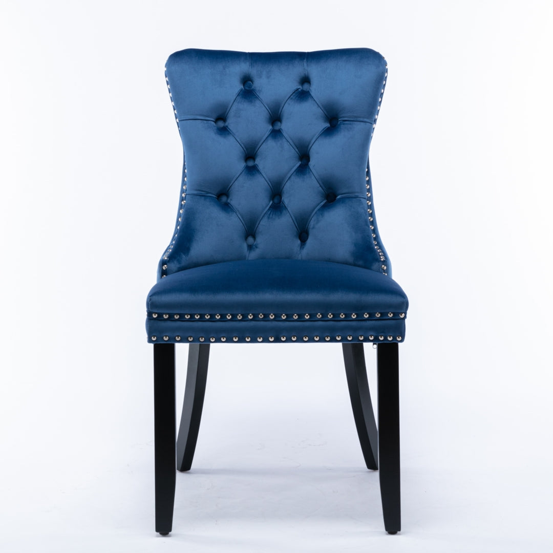 2x Velvet Dining Chairs Upholstered Tufted Kithcen Chair with Solid Wood Legs Stud Trim and Ring-Blue - VogueDecor.au