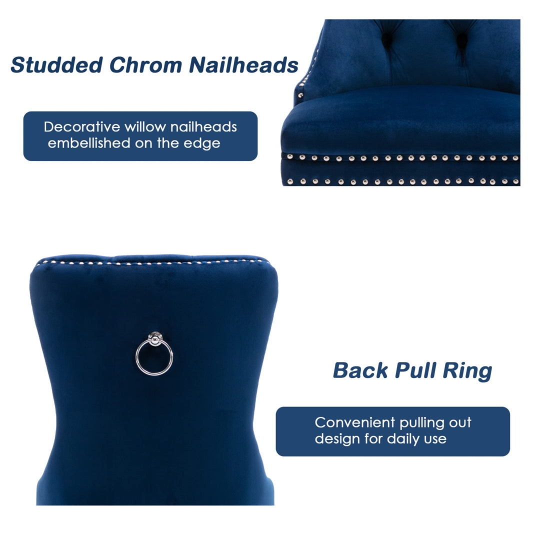 2x Velvet Dining Chairs Upholstered Tufted Kithcen Chair with Solid Wood Legs Stud Trim and Ring-Blue - VogueDecor.au