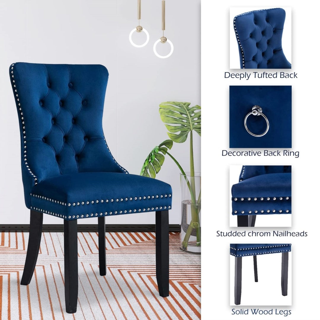 2x Velvet Dining Chairs Upholstered Tufted Kithcen Chair with Solid Wood Legs Stud Trim and Ring-Blue - VogueDecor.au
