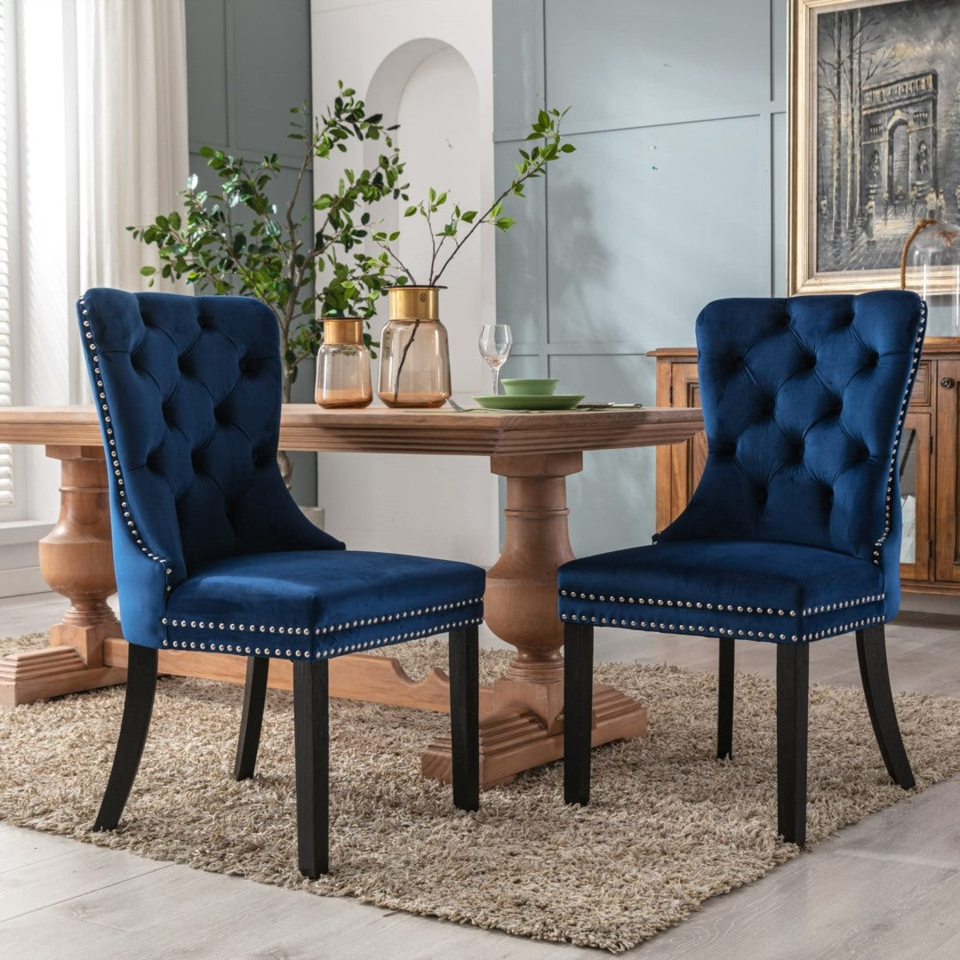 2x Velvet Dining Chairs Upholstered Tufted Kithcen Chair with Solid Wood Legs Stud Trim and Ring-Blue - VogueDecor.au