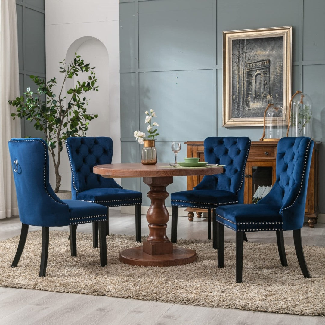 2x Velvet Dining Chairs Upholstered Tufted Kithcen Chair with Solid Wood Legs Stud Trim and Ring-Blue - VogueDecor.au