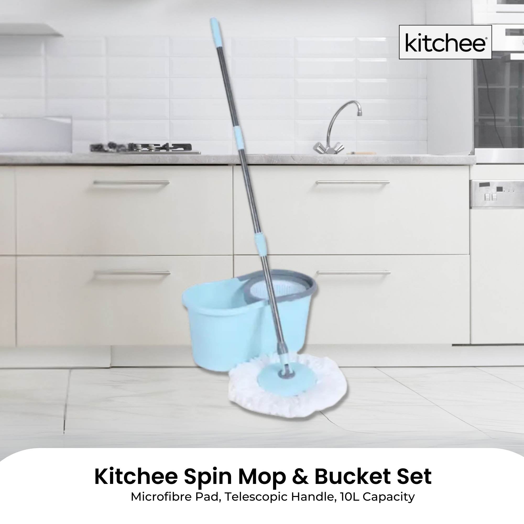 Kitchee Spin Mop & Bucket Set – Microfibre Pad, Telescopic Handle, 10L Capacity - VogueDecor.au