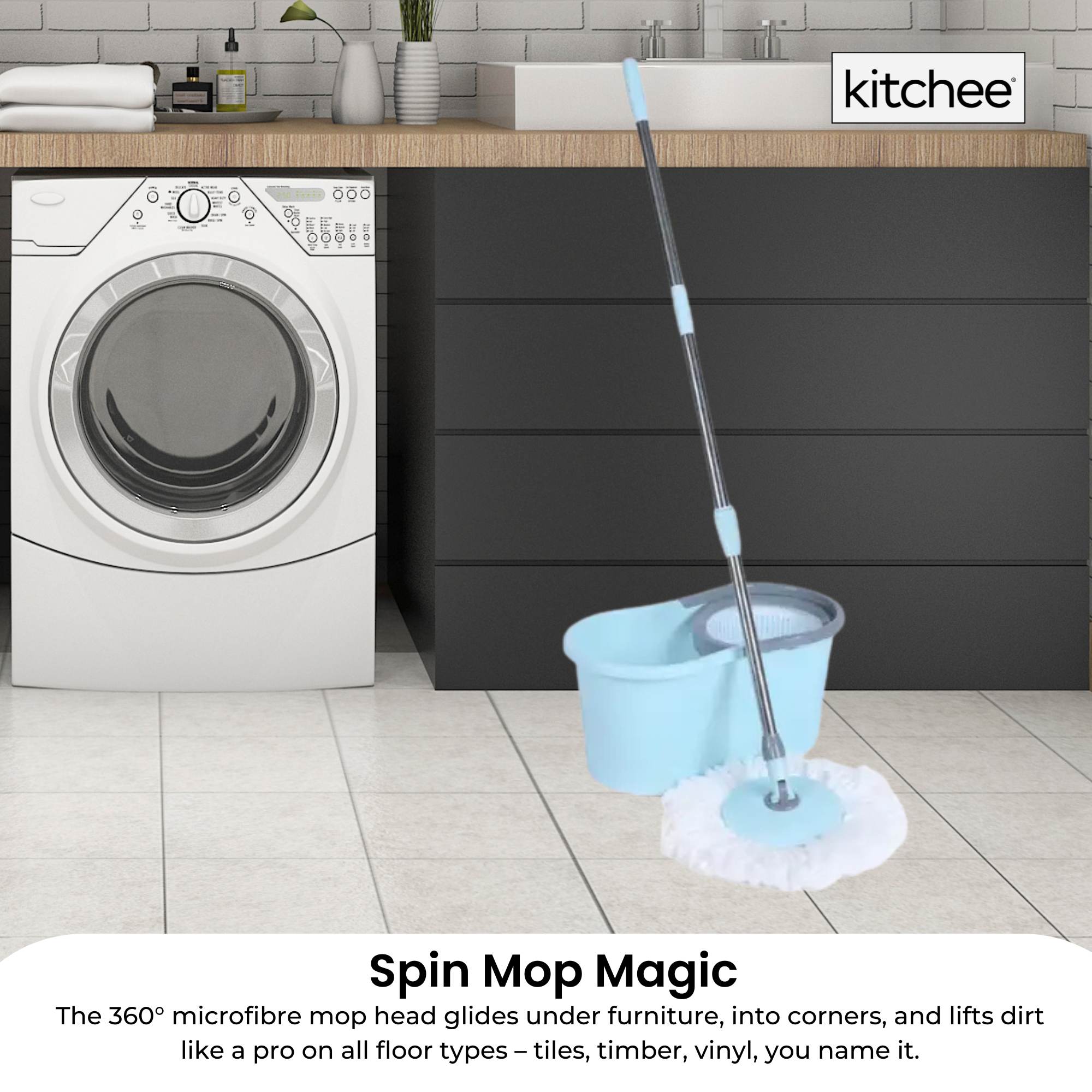 Kitchee Spin Mop & Bucket Set – Microfibre Pad, Telescopic Handle, 10L Capacity - VogueDecor.au