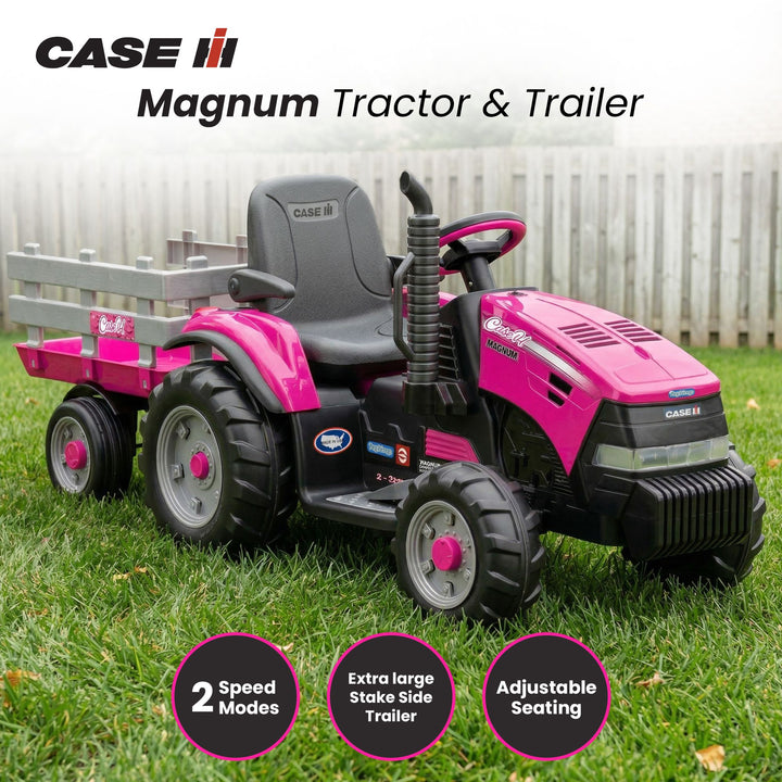 Klika Peg Perego Pink Case IH 12V Kids Ride On Tractor with Trailer 2 Speed Toy