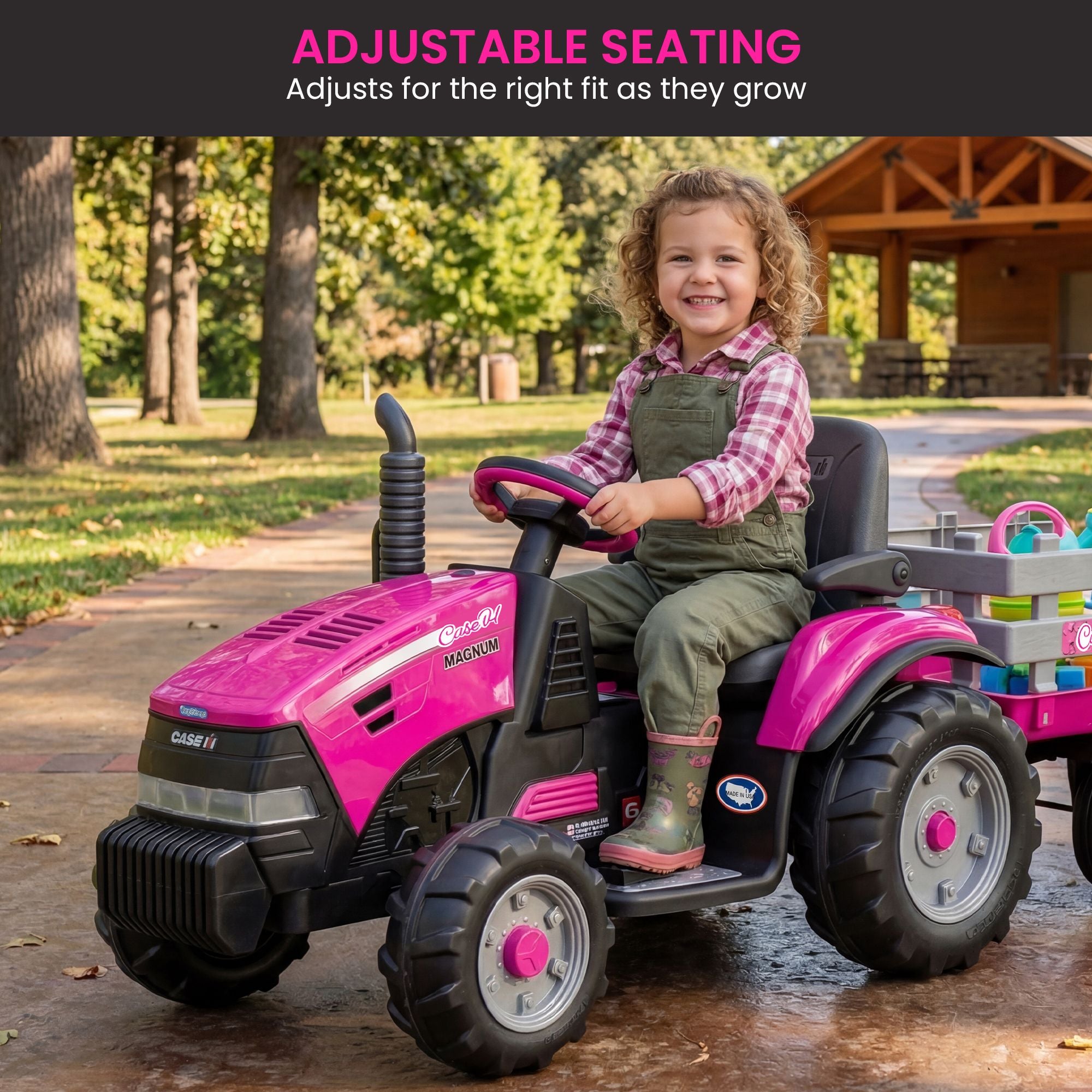 Klika Peg Perego Pink Case IH 12V Kids Ride On Tractor with Trailer 2 Speed Toy