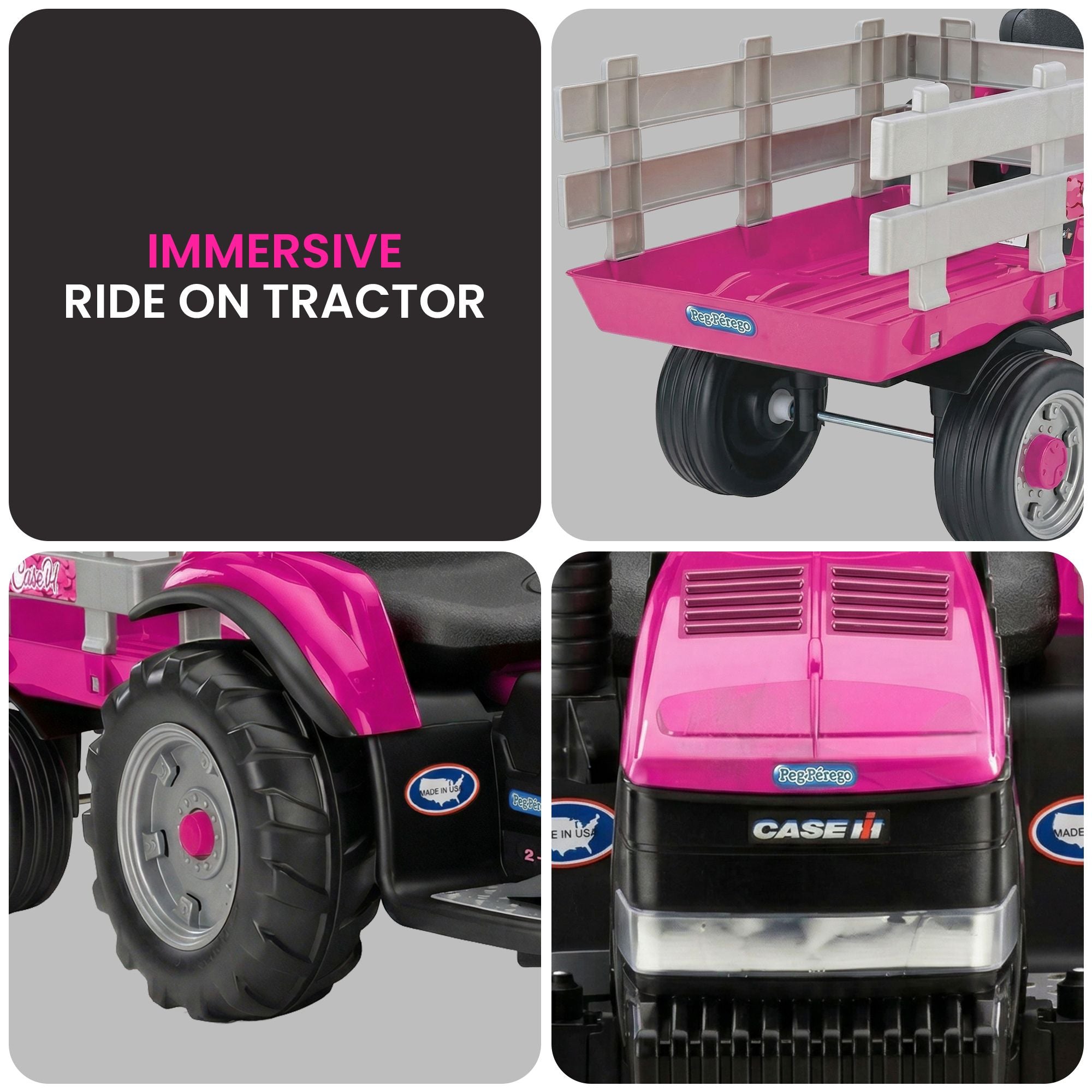 Klika Peg Perego Pink Case IH 12V Kids Ride On Tractor with Trailer 2 Speed Toy