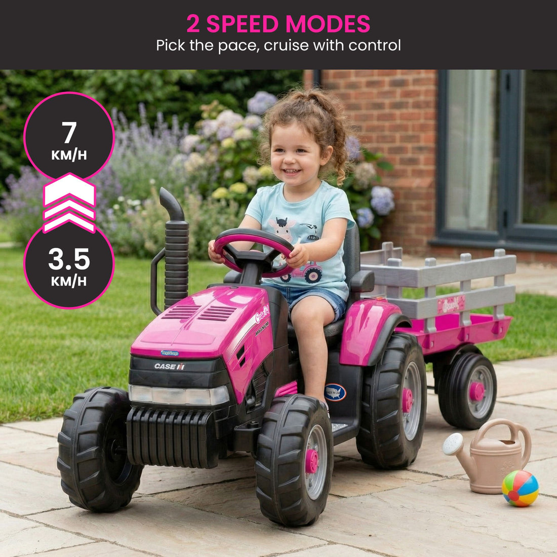 Klika Peg Perego Pink Case IH 12V Kids Ride On Tractor with Trailer 2 Speed Toy