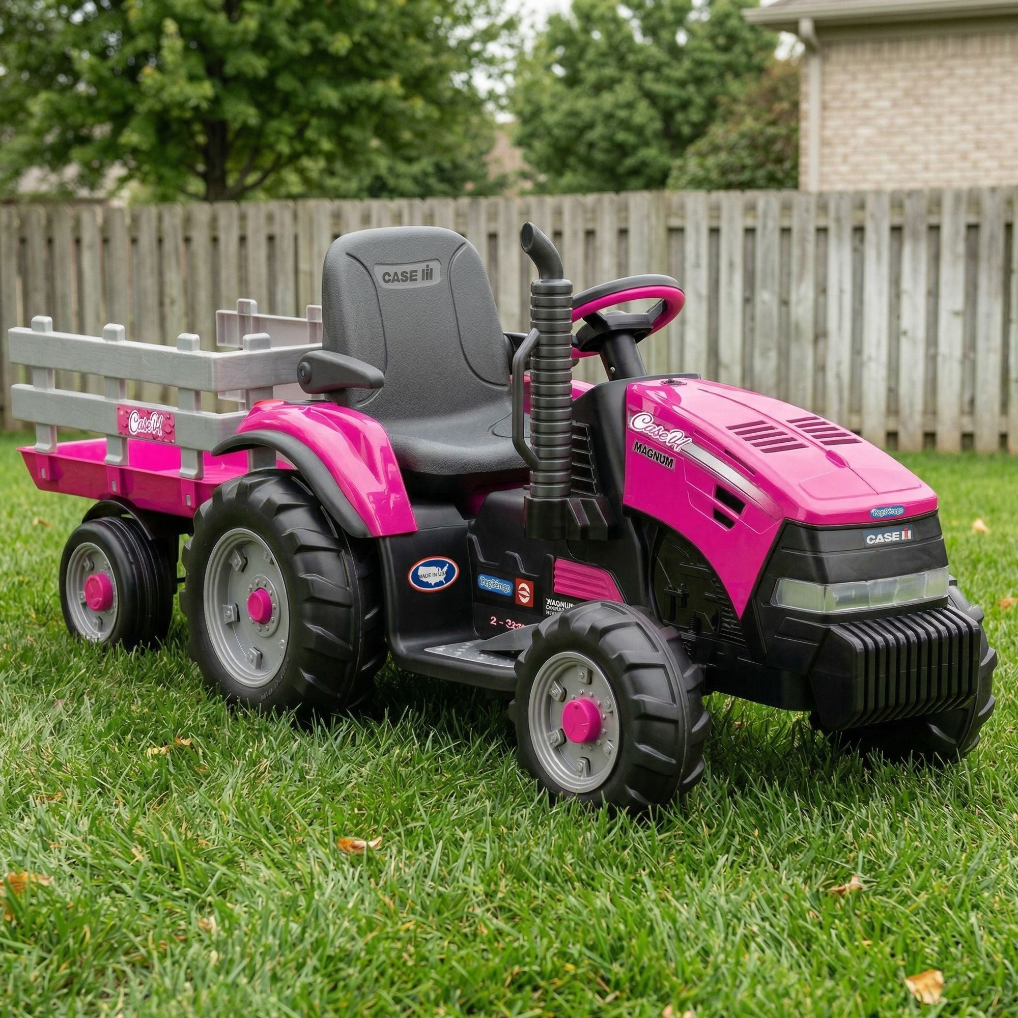 Klika Peg Perego Pink Case IH 12V Kids Ride On Tractor with Trailer 2 Speed Toy