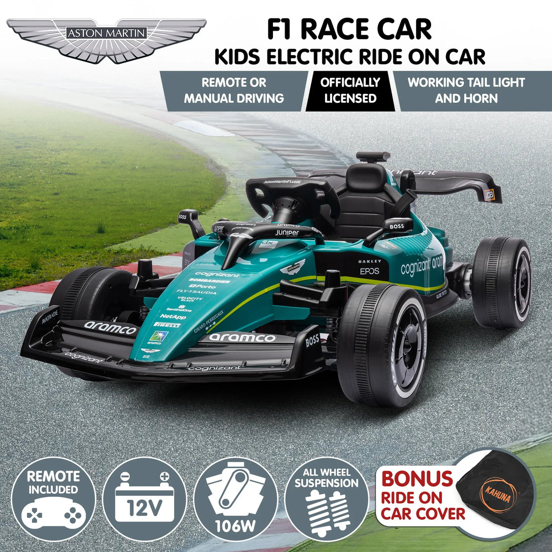 Kahuna Aston Martin Aramco F1 Licensed Electric Kids Ride On Race Car