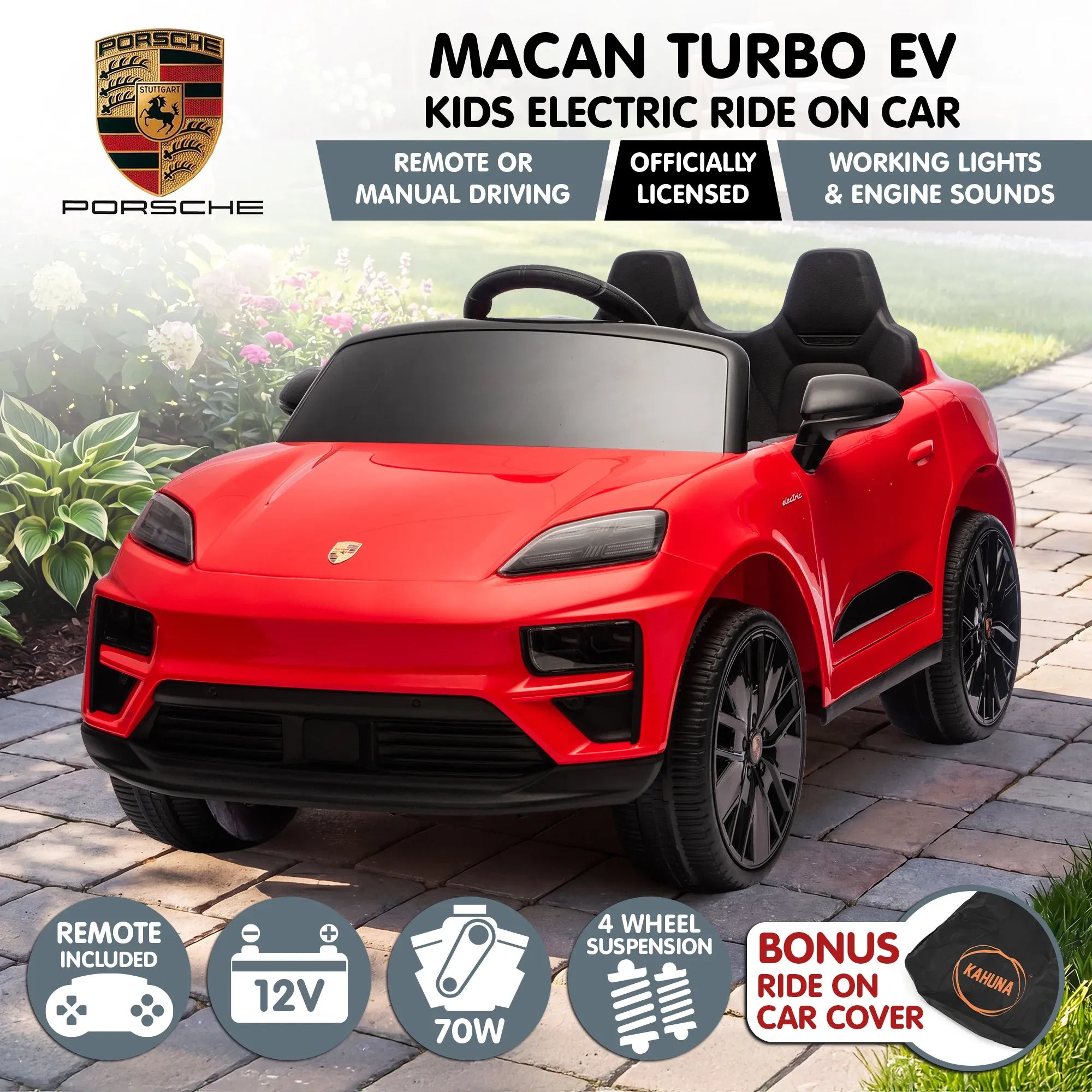 Kahuna Red Porsche Macan Turbo EV Kids Ride On Car 12V Electric Car