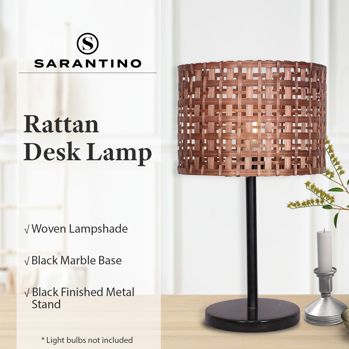 Sarantino Rattan Desk Lamp With Black Marble Base - VogueDecor.au