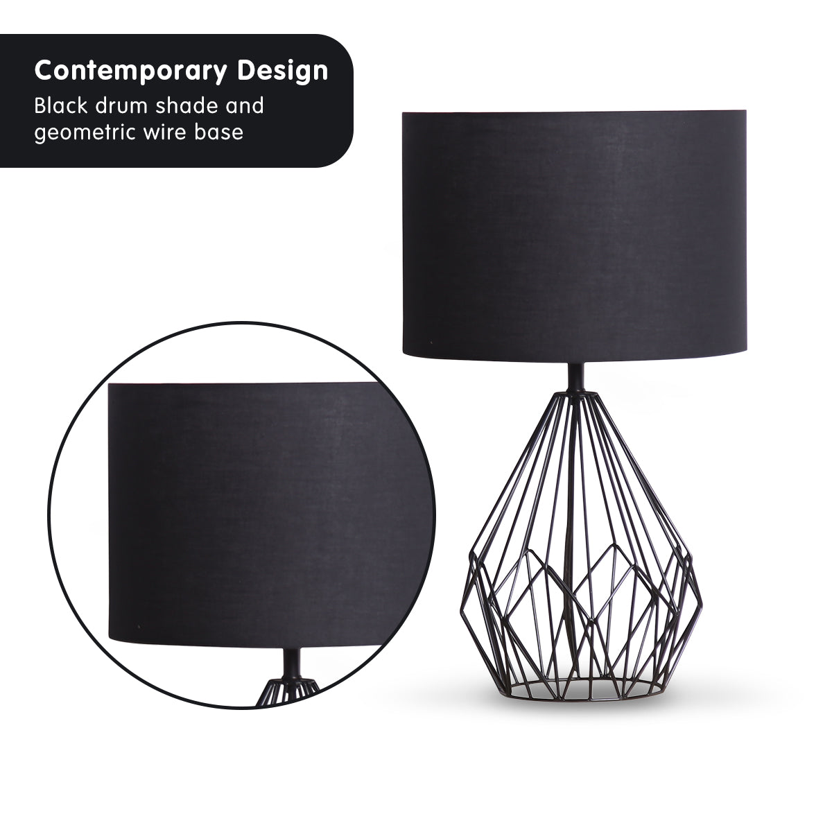 Sarantino Metal Wire Table Lamp in Black Finish With Black Drum Shade - VogueDecor.au