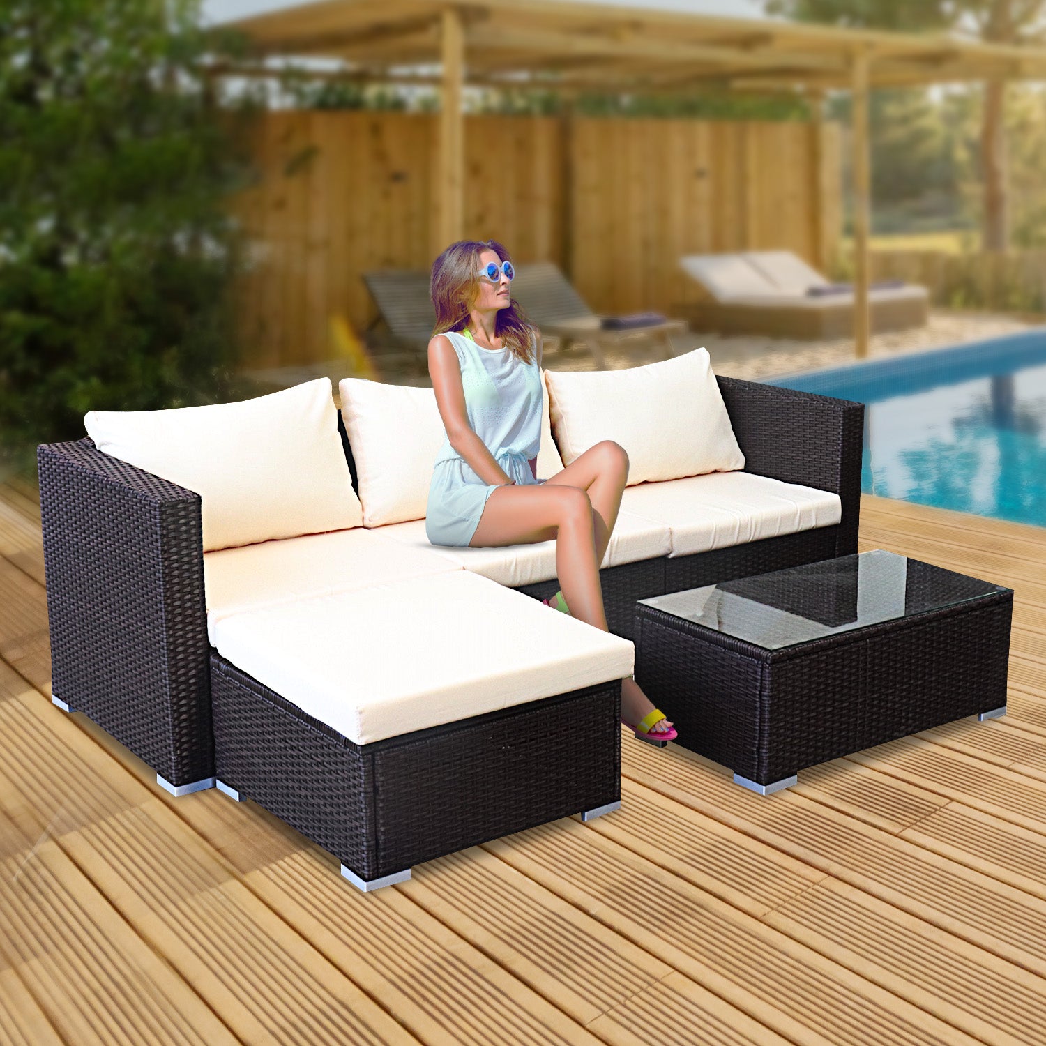 Sarantino 5pc Modular Outdoor Lounge Set PE Rattan - Brown - VogueDecor.au