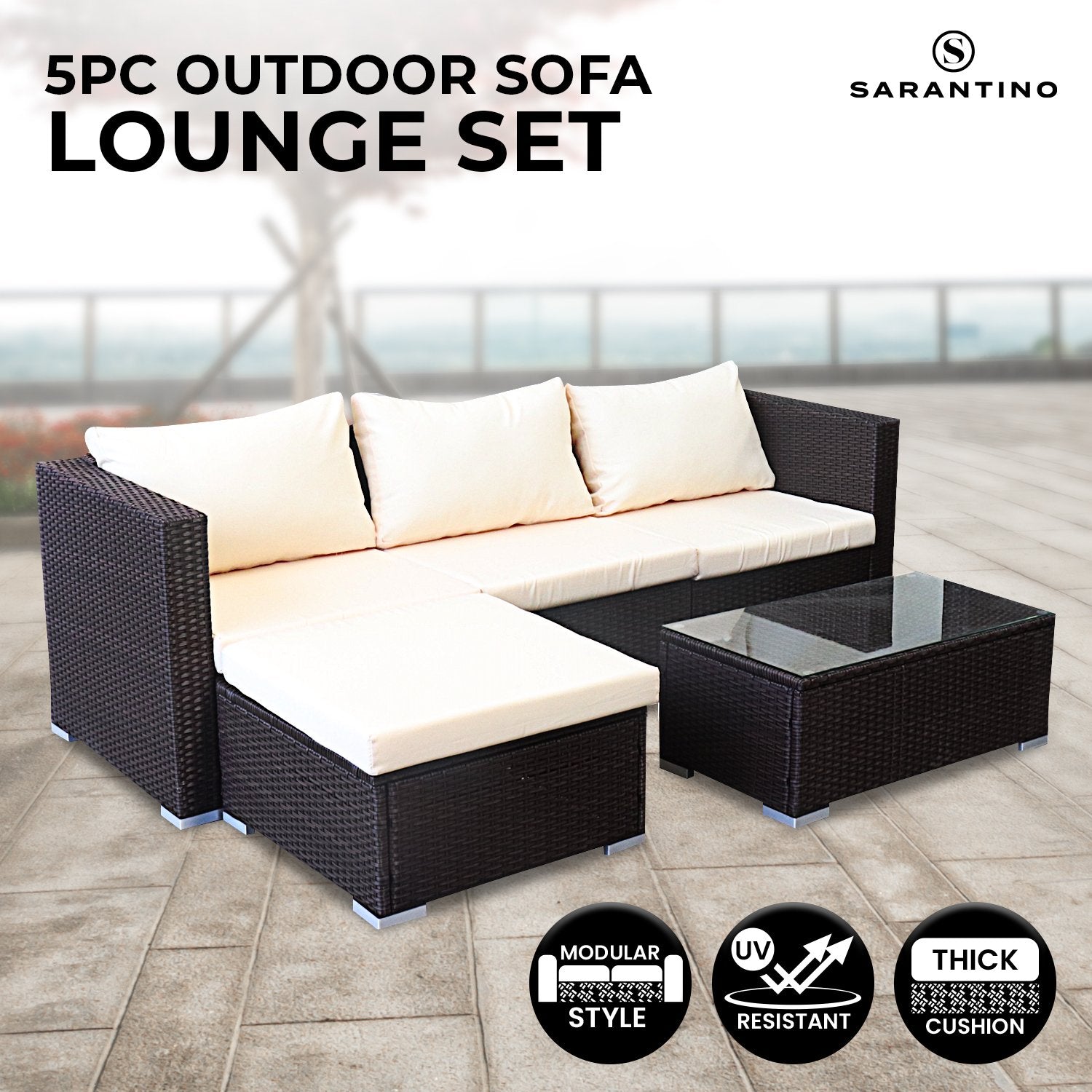 Sarantino 5pc Modular Outdoor Lounge Set PE Rattan - Brown - VogueDecor.au