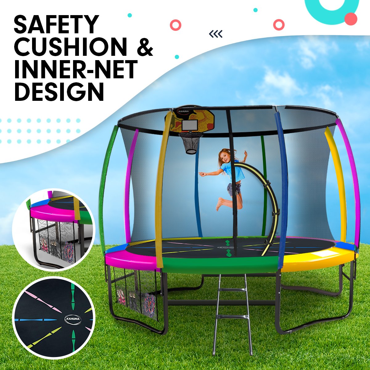 Kahuna Trampoline 10 ft with Basketball Set - Rainbow