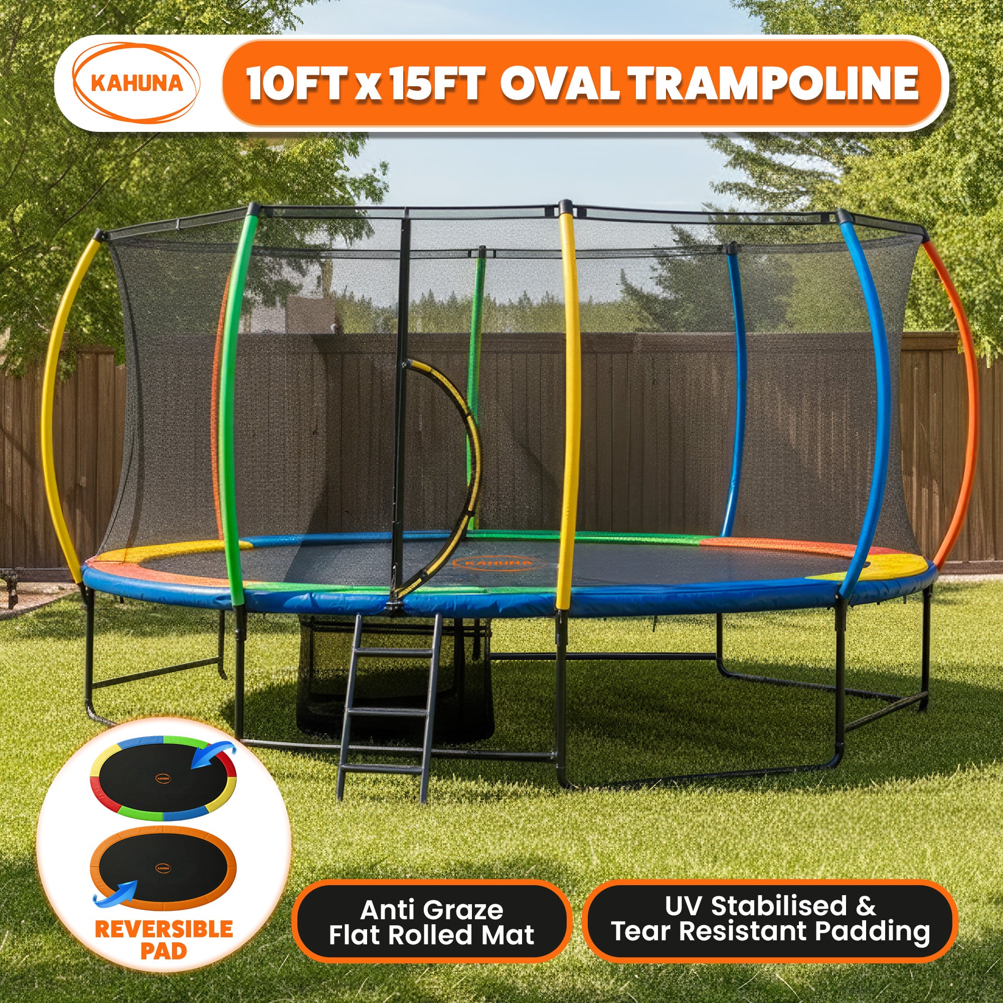 Kahuna 10 ft x 15 ft Oval Outdoor Trampoline with Reversible Rainbow & Orange Safety Pad Safety Net and Ladder