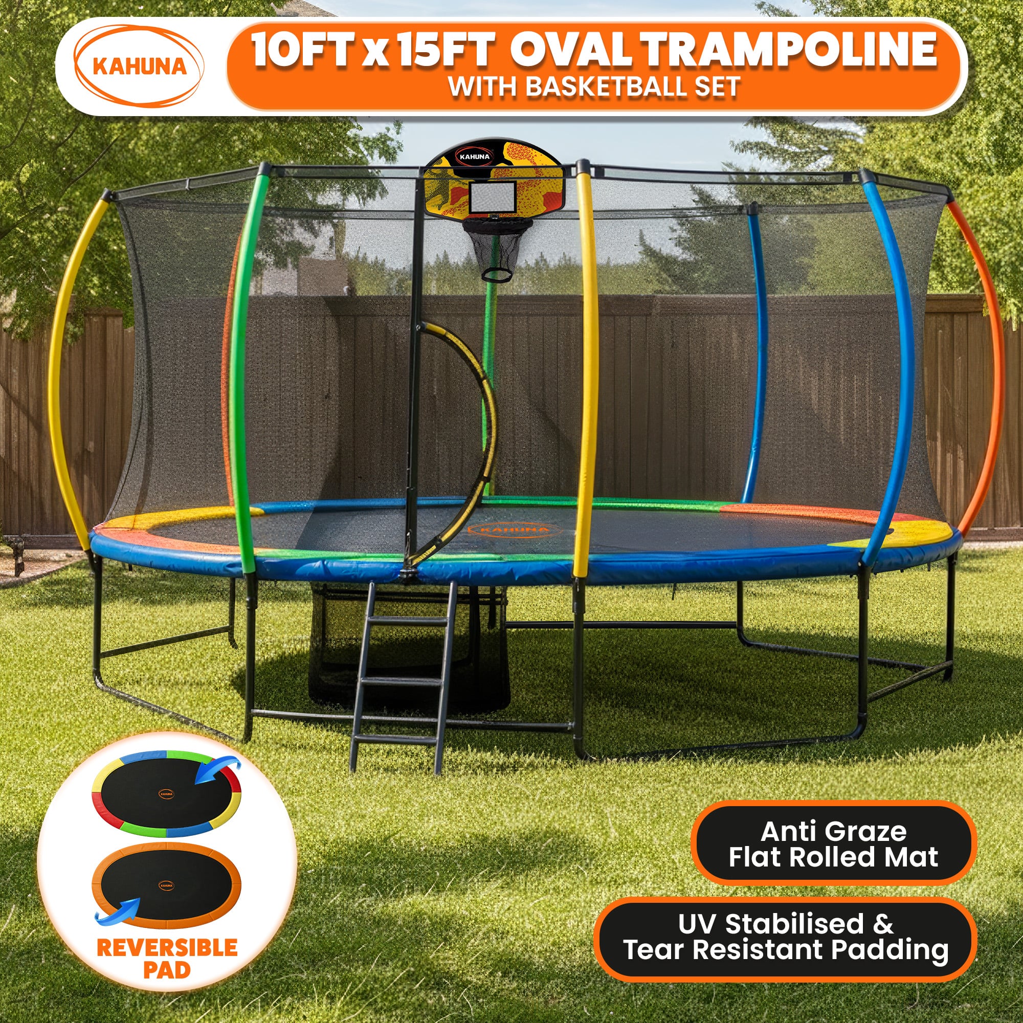 Kahuna 10 ft x 15 ft Oval Outdoor Trampoline w/ Basketball Set Reversible Rainbow & Orange Safety Pad Safety Net Ladder