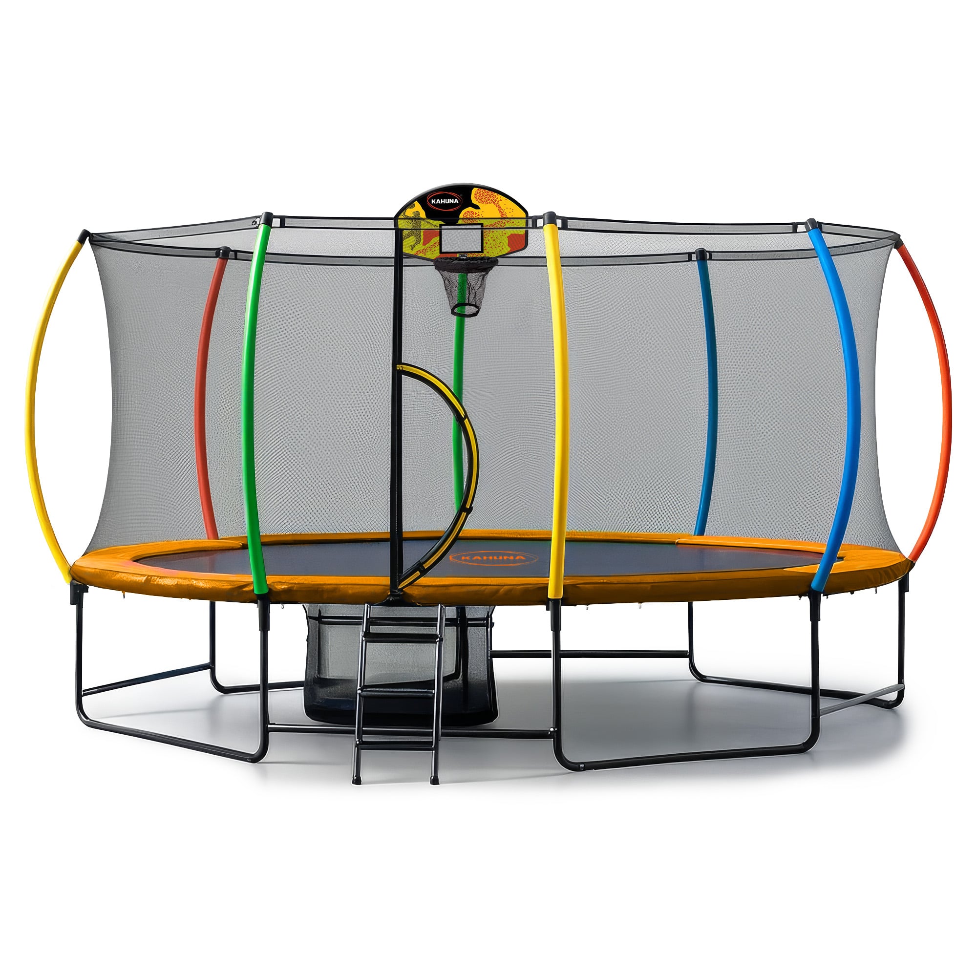 Kahuna 10 ft x 15 ft Oval Outdoor Trampoline L.E.D. Basketball Set Reversible Rainbow & Orange Safety Pad Safety Net Ladder