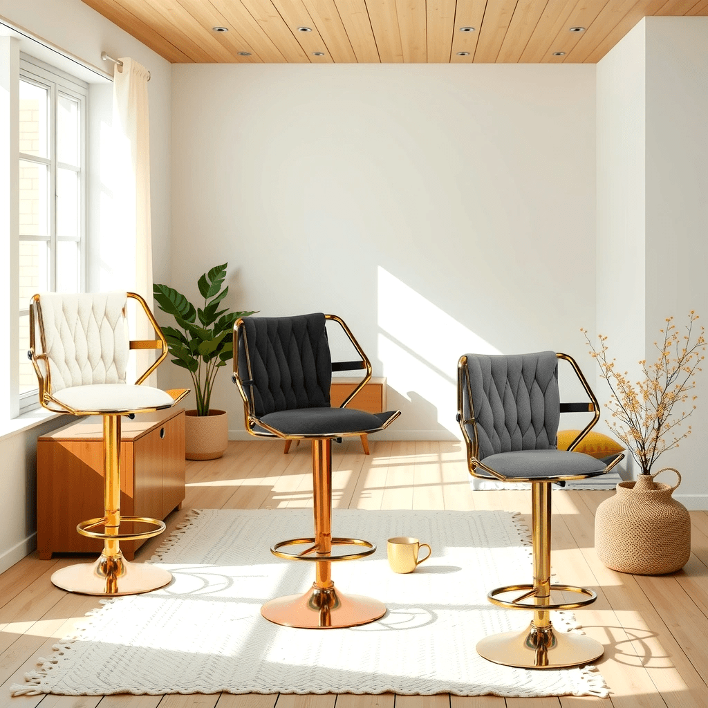 2x Height Velvet Padded Golden Round Base Barstools Chairs with Backrest and Footrest -BLACK - VogueDecor.au