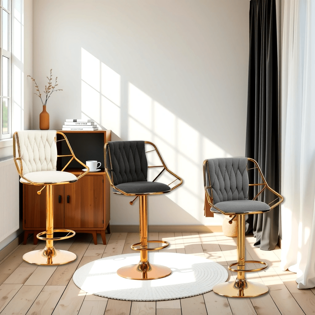 2x Height Velvet Padded Golden Round Base Barstools Chairs with Backrest and Footrest -GREY - VogueDecor.au