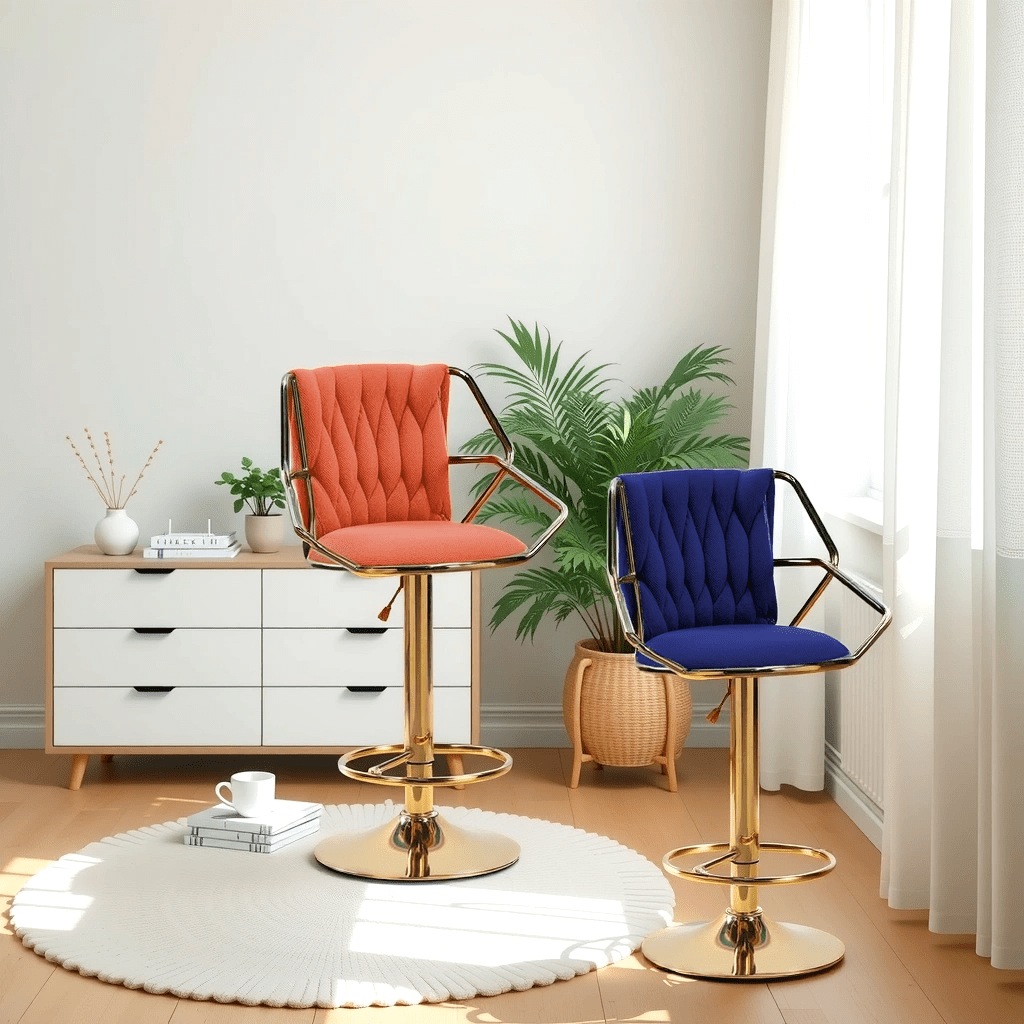 2x Height Velvet Padded Golden Round Base Barstools Chairs with Backrest and Footrest -BEIGE - VogueDecor.au