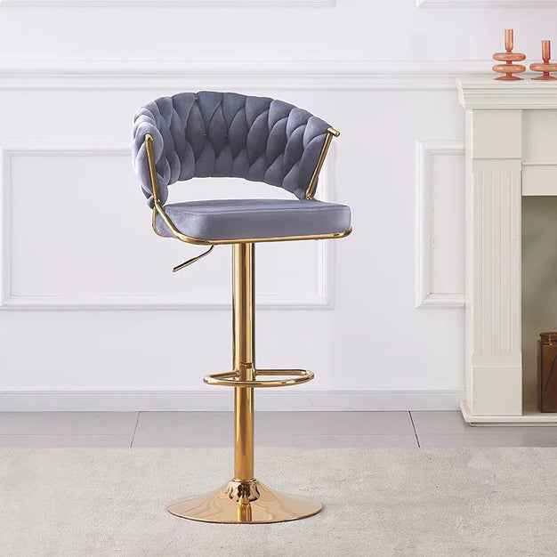 2x Height Grey Velvet Padded Golden Round Base Barstools Chairs