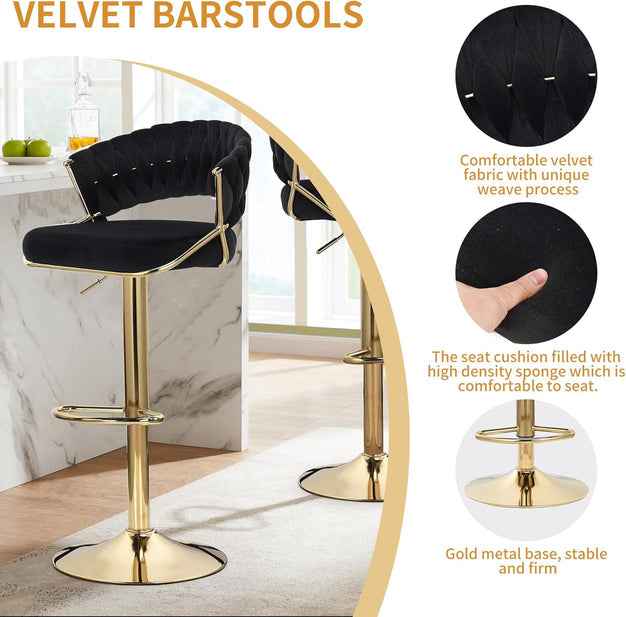 2x Height Grey Velvet Padded Golden Round Base Barstools Chairs