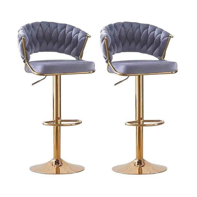 2x Height Grey Velvet Padded Golden Round Base Barstools Chairs