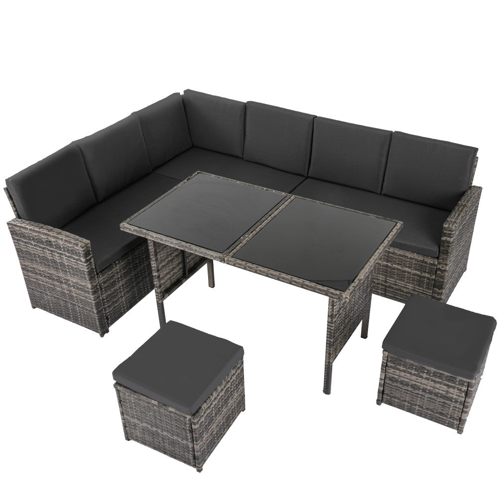Ella 8-Seater Modular Outdoor Garden Lounge and Dining Set with Table and Stools in Dark Grey Weave - VogueDecor.au