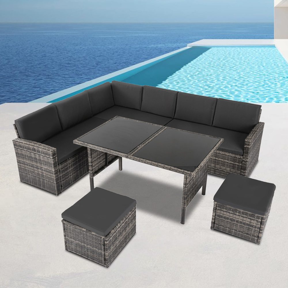 Ella 8-Seater Modular Outdoor Garden Lounge and Dining Set with Table and Stools in Dark Grey Weave - VogueDecor.au