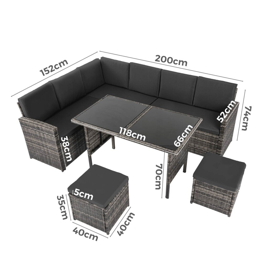 Ella 8-Seater Modular Outdoor Garden Lounge and Dining Set with Table and Stools in Dark Grey Weave - VogueDecor.au