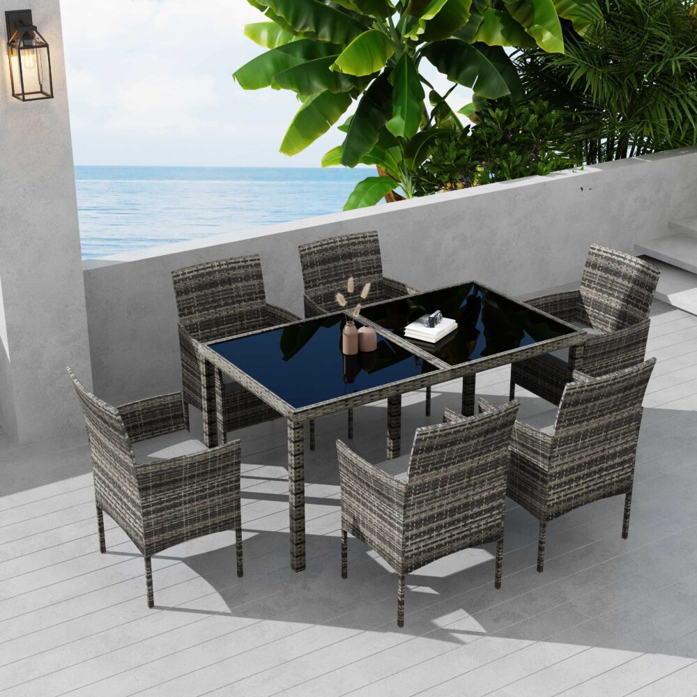 Rural Style Outdoor Grey Wicker 6 Seater Dining Set - VogueDecor.au