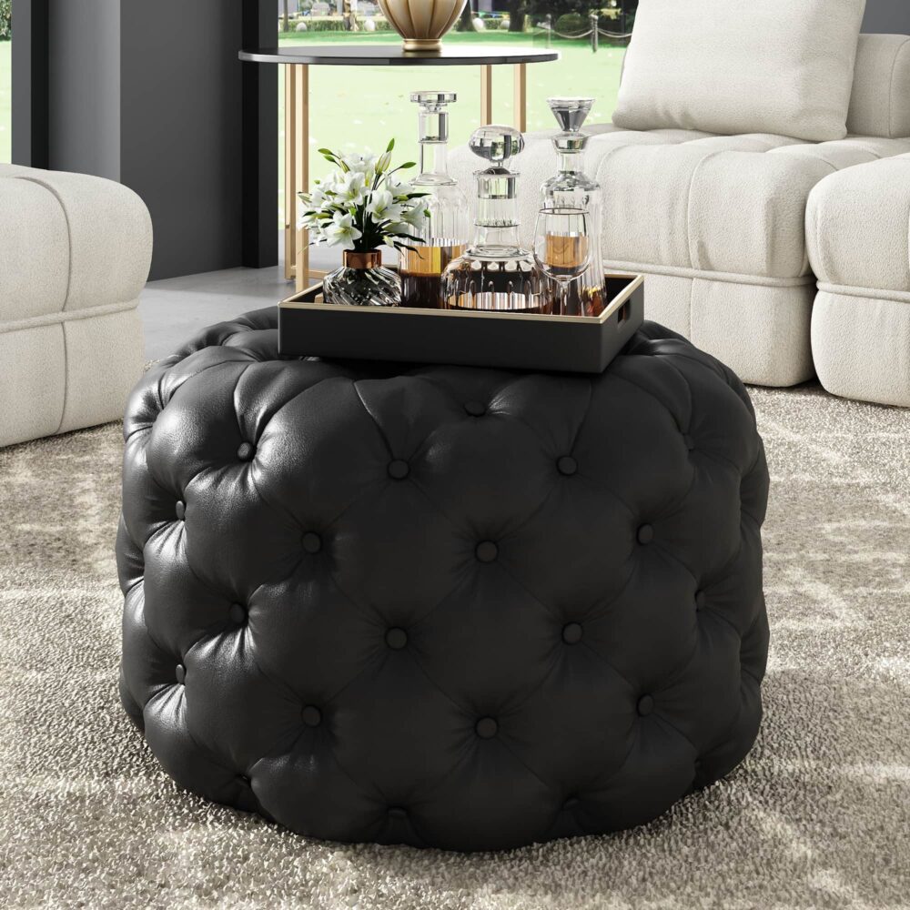 Contemporary Black Leather-look Ottoman with Button - VogueDecor.au