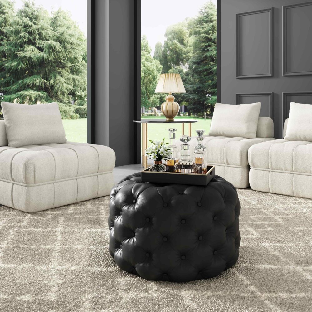 Contemporary Black Leather-look Ottoman with Button - VogueDecor.au