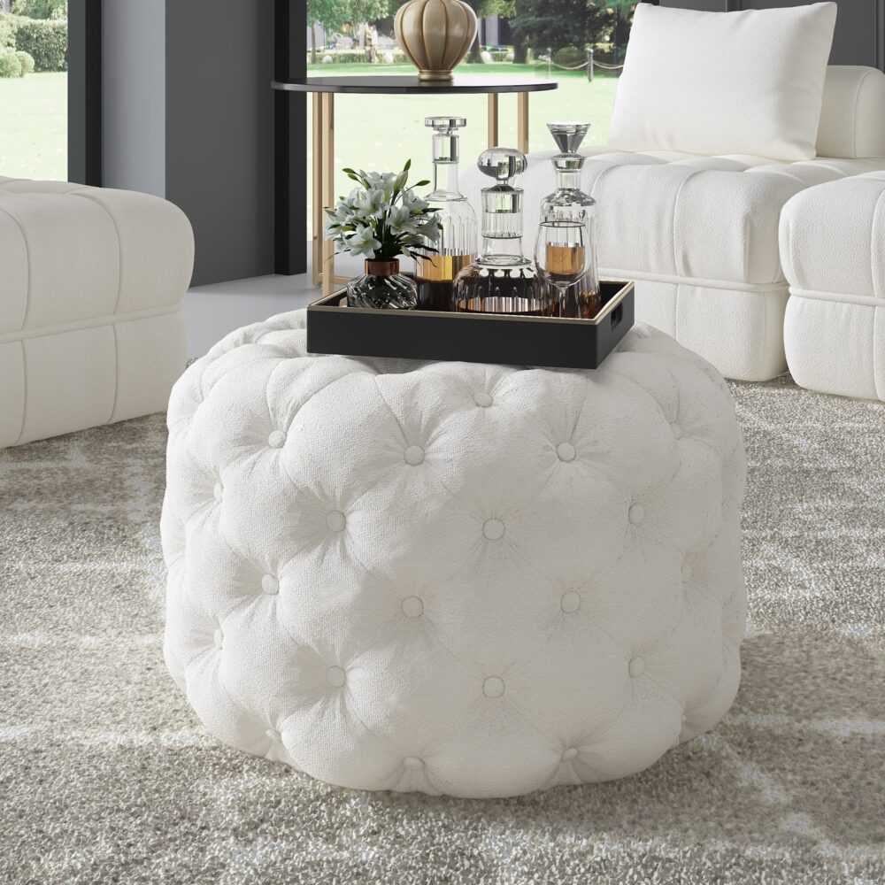 Bouclé White Ottoman-Round - VogueDecor.au