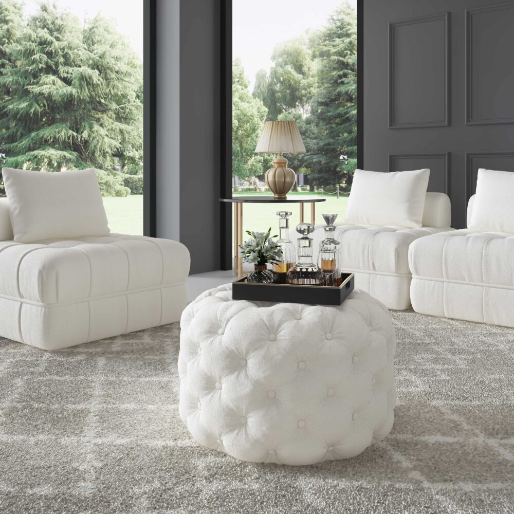 Bouclé White Ottoman-Round - VogueDecor.au
