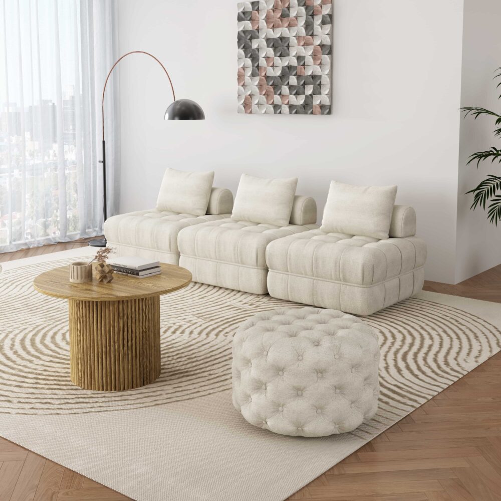 Bouclé White Ottoman-Round - VogueDecor.au