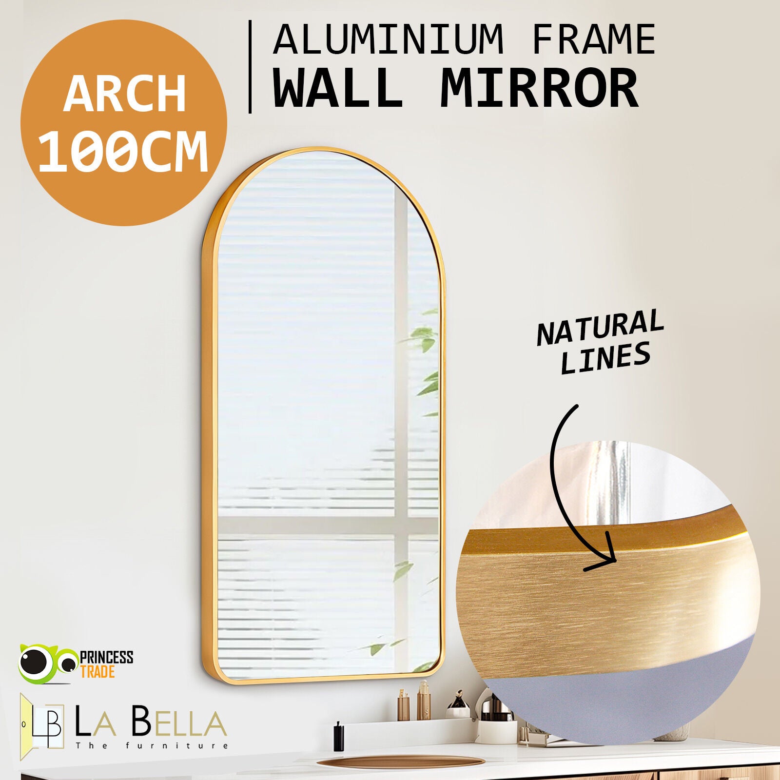 Wall Arch Mirror Arc Aluminum Frame Bathroom 50x100cm GOLD - VogueDecor.au