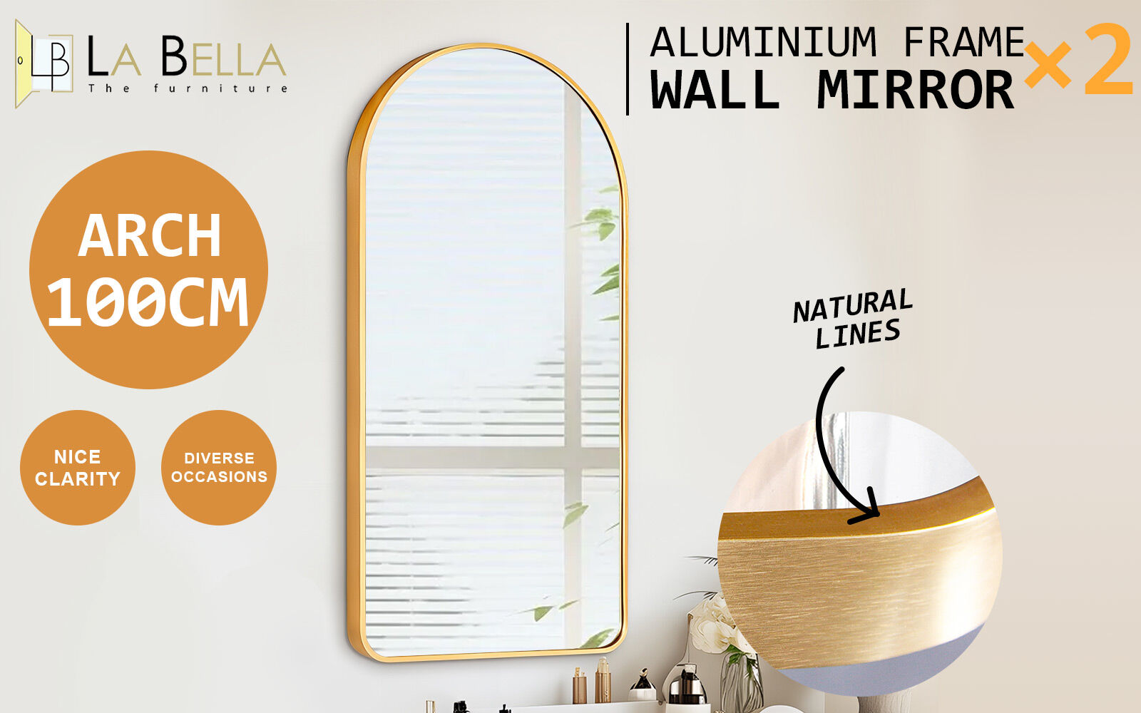 2 Set Wall Arch Mirror Arc Aluminum Frame Bathroom 50x100cm GOLD - VogueDecor.au