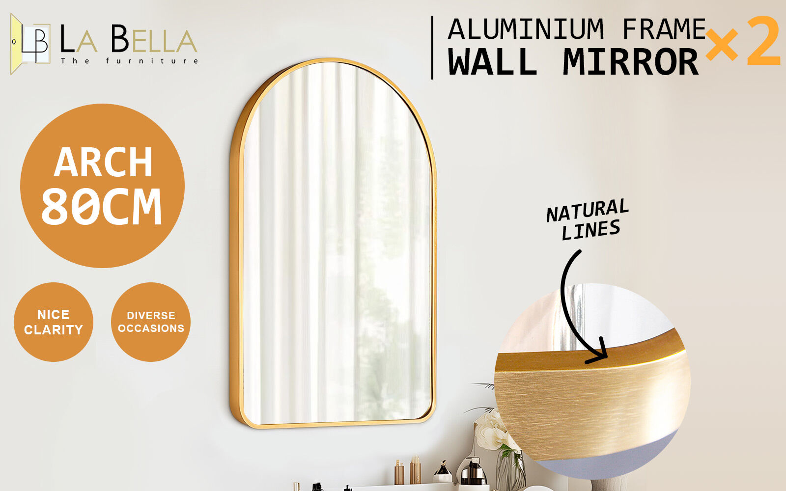 2 Set Wall Arch Mirror Arc Aluminum Frame Bathroom 50x80cm GOLD - VogueDecor.au