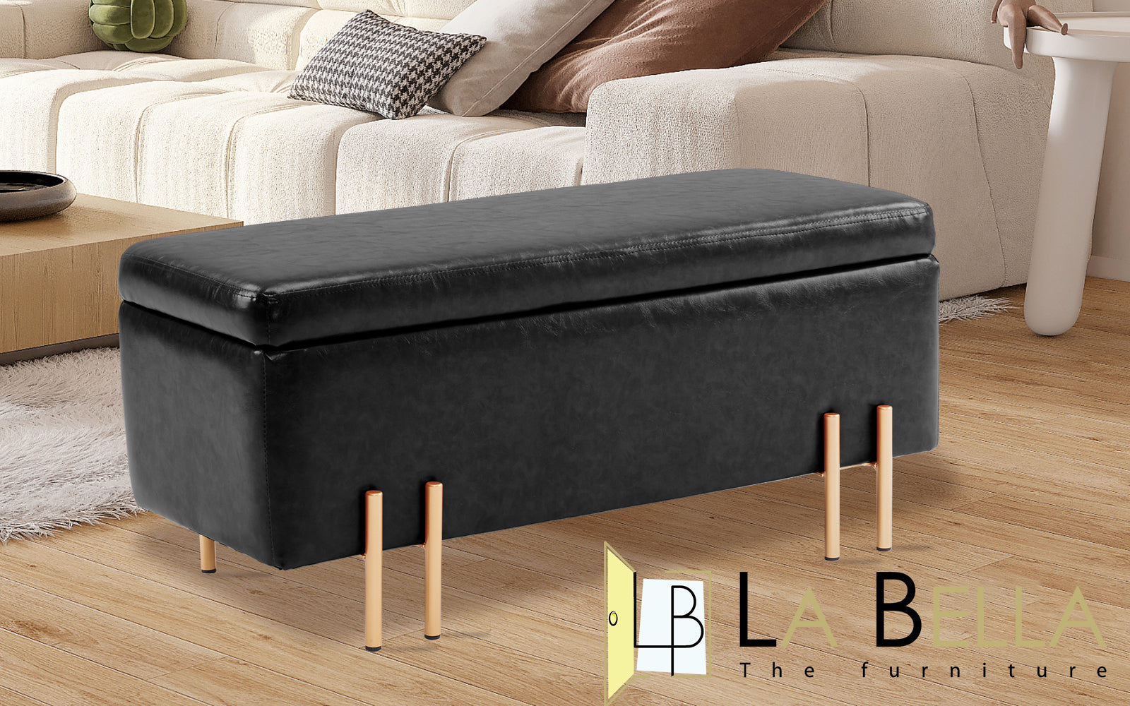 Storage Ottoman Stool Bench Seat 97cm PU Leather BLACK - VogueDecor.au