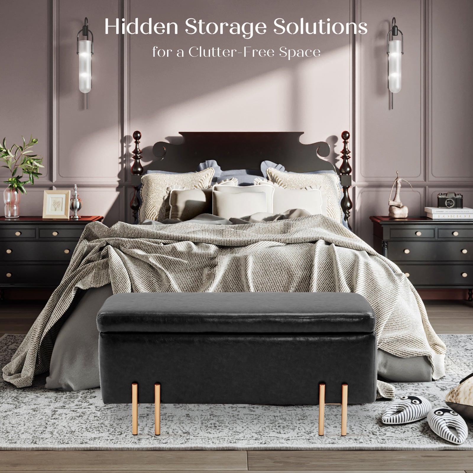 Storage Ottoman Stool Bench Seat 97cm PU Leather BLACK - VogueDecor.au