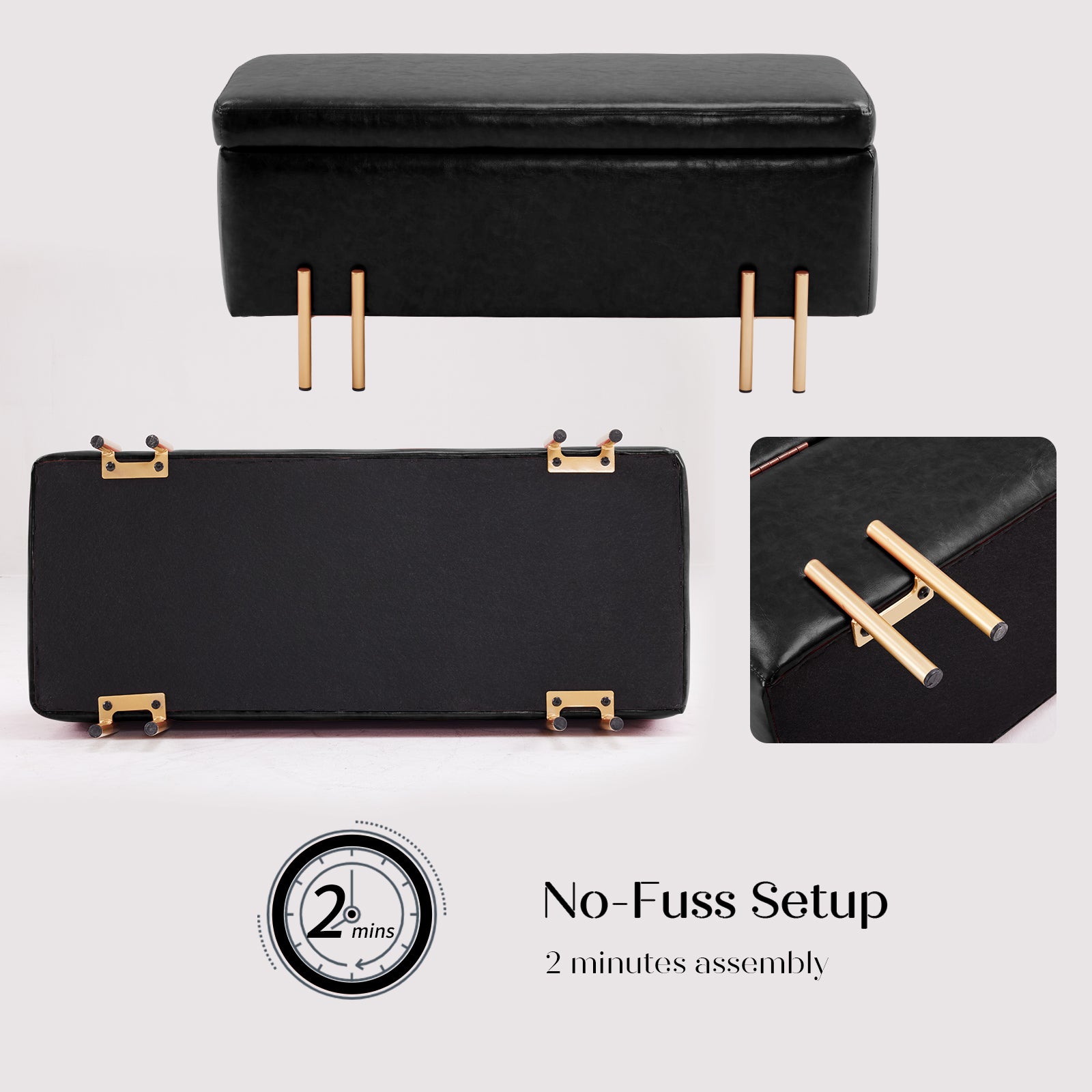 Storage Ottoman Stool Bench Seat 97cm PU Leather BLACK - VogueDecor.au