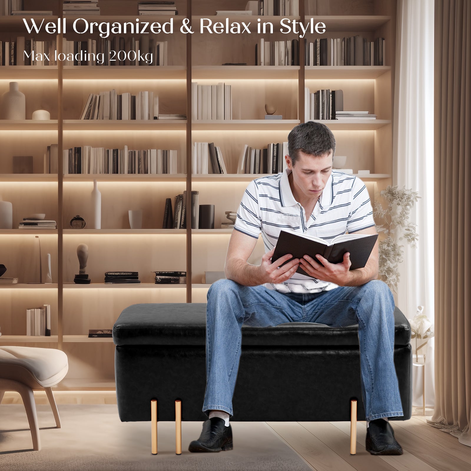 Storage Ottoman Stool Bench Seat 97cm PU Leather BLACK - VogueDecor.au