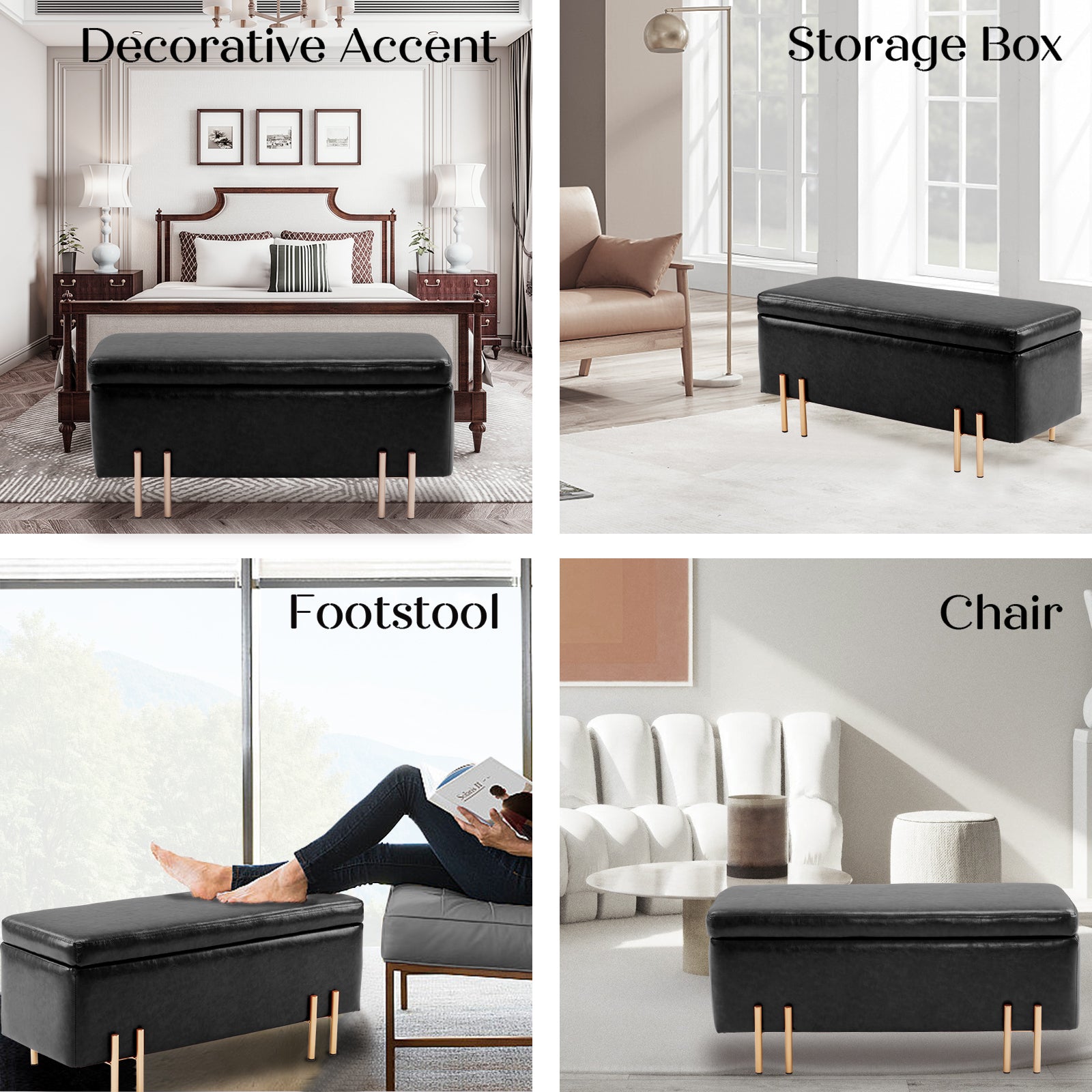 Storage Ottoman Stool Bench Seat 97cm PU Leather BLACK - VogueDecor.au