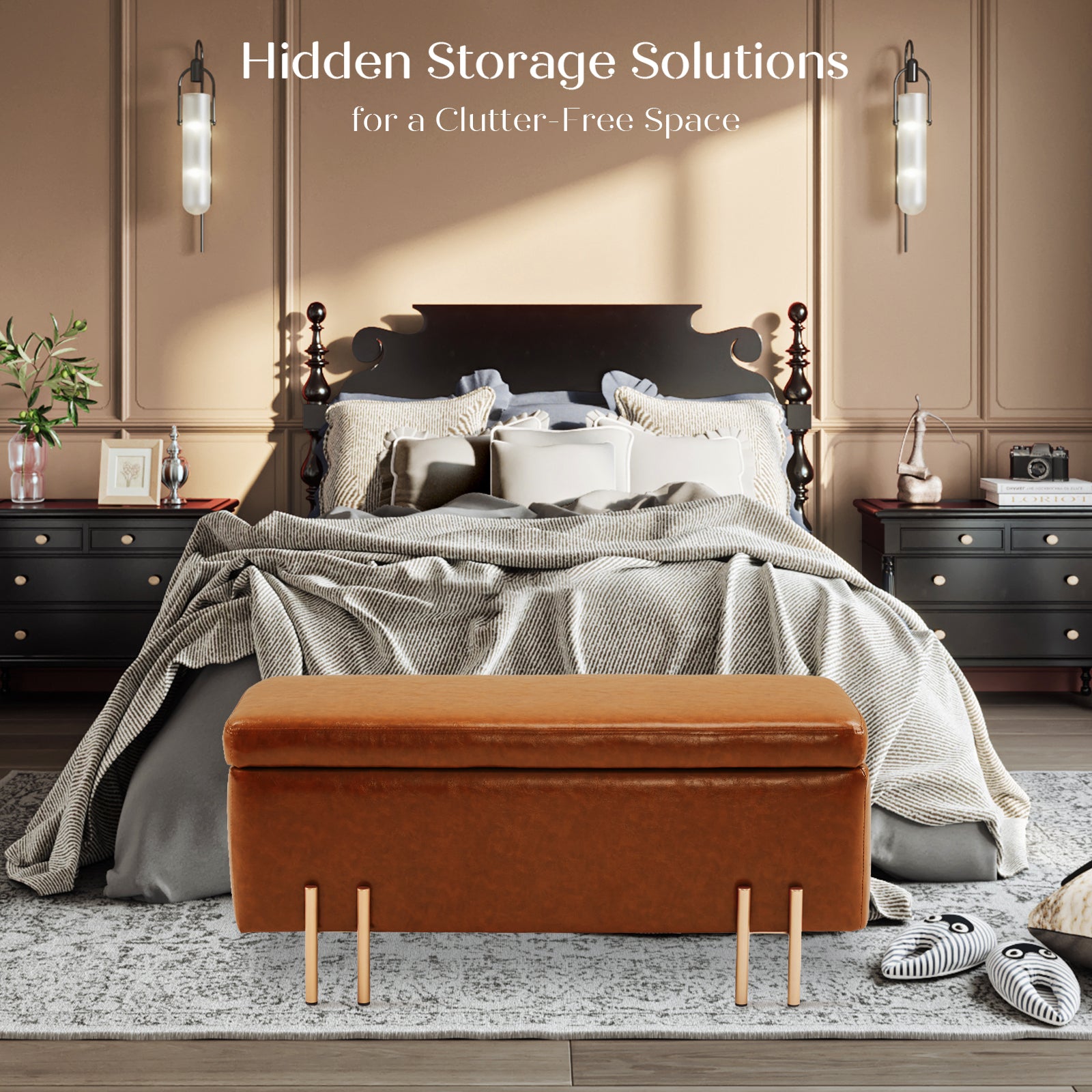 Storage Ottoman Stool Bench Seat 97cm PU Leather BROWN - VogueDecor.au